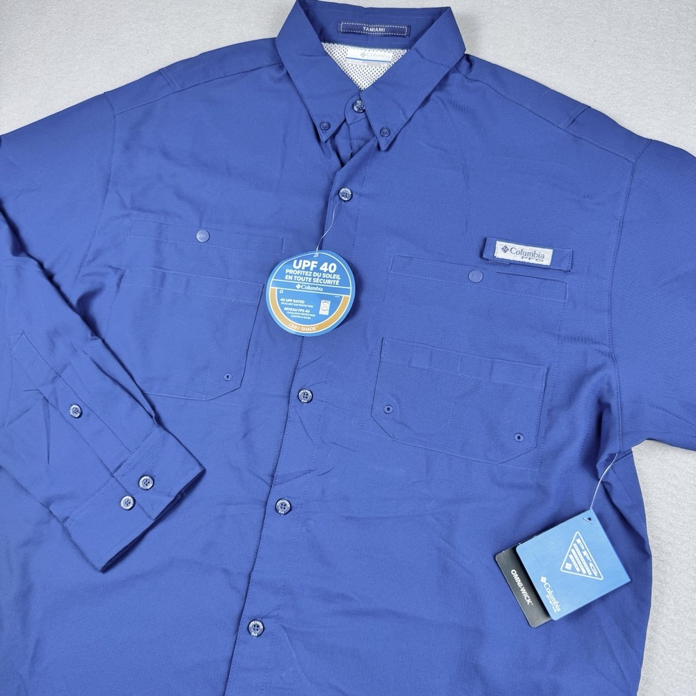 NWT Columbia PFG Tamiami Fishing‎ Shirt Men L Blue Long Sleeve Omni-Shade SPF